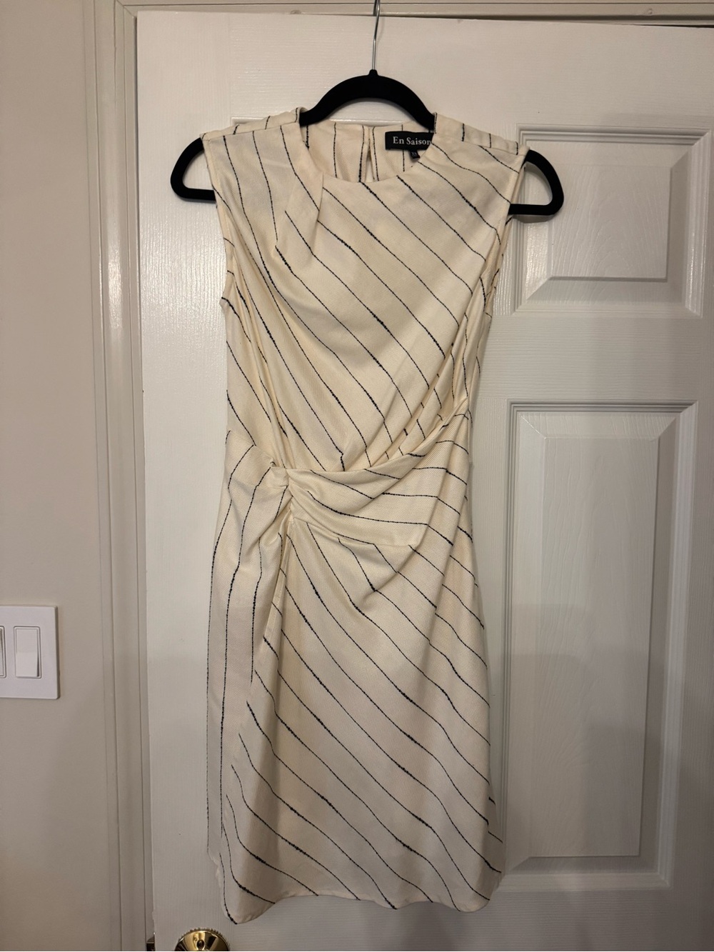 En Saison Cream Dress with Navy Pinstripes and Twist Front NWOT